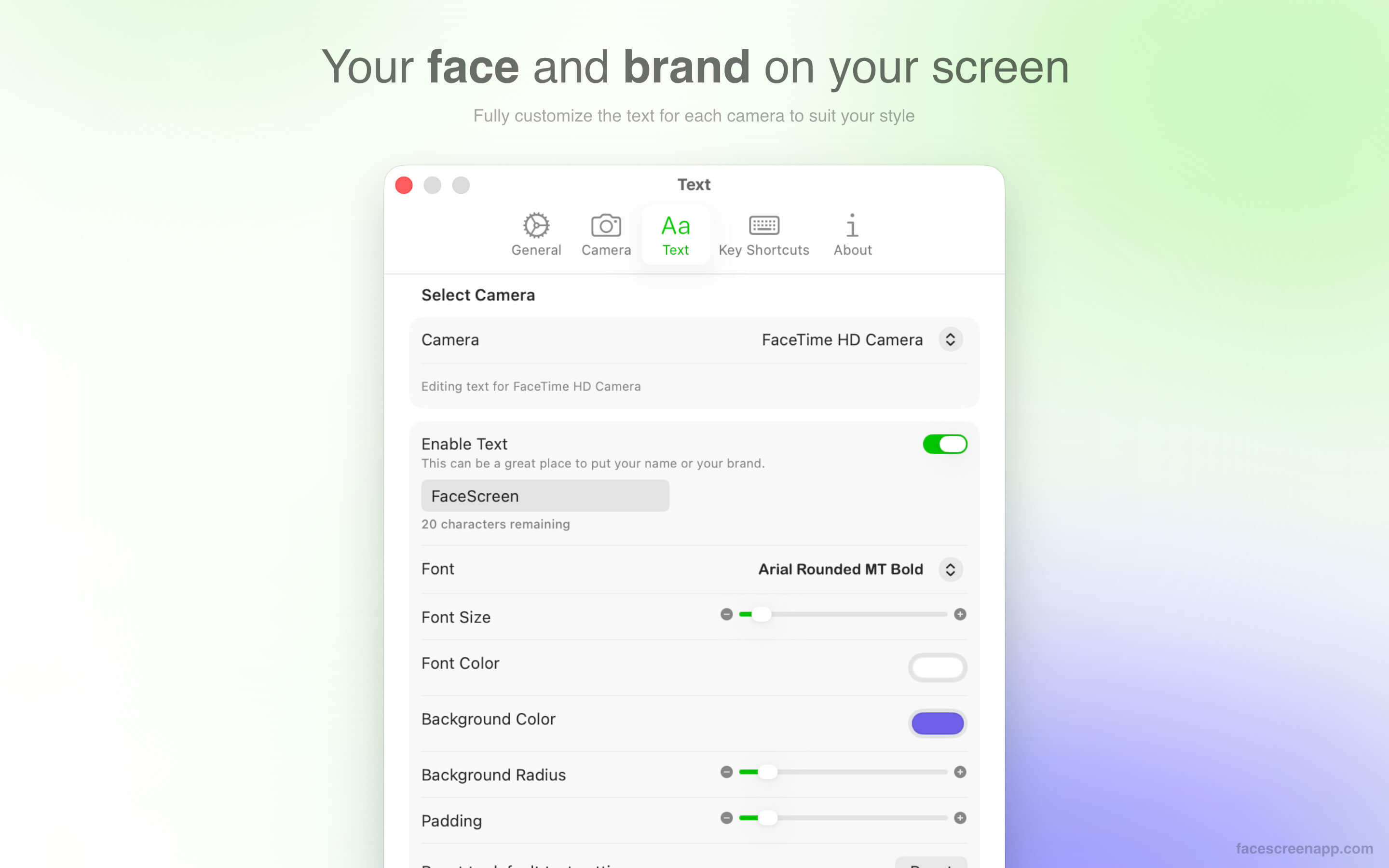 Text overlay settings in FaceScreen