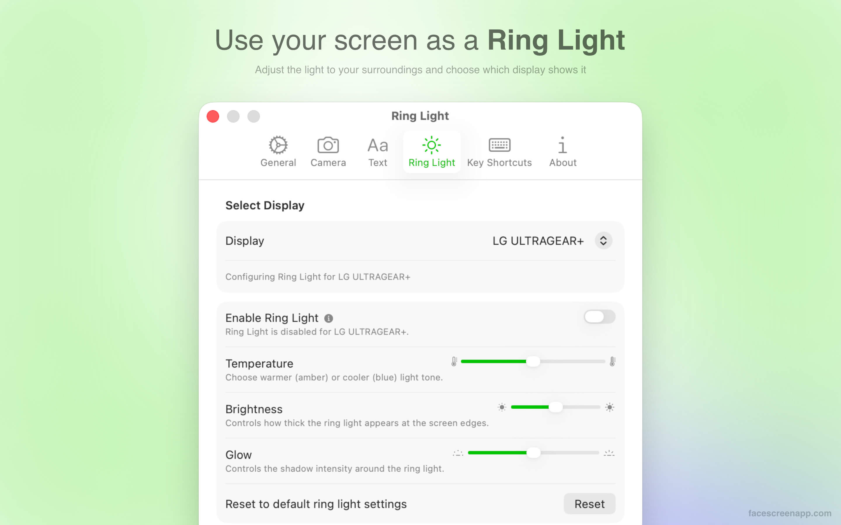 Ring Light settings for temperature, brightness, and glow