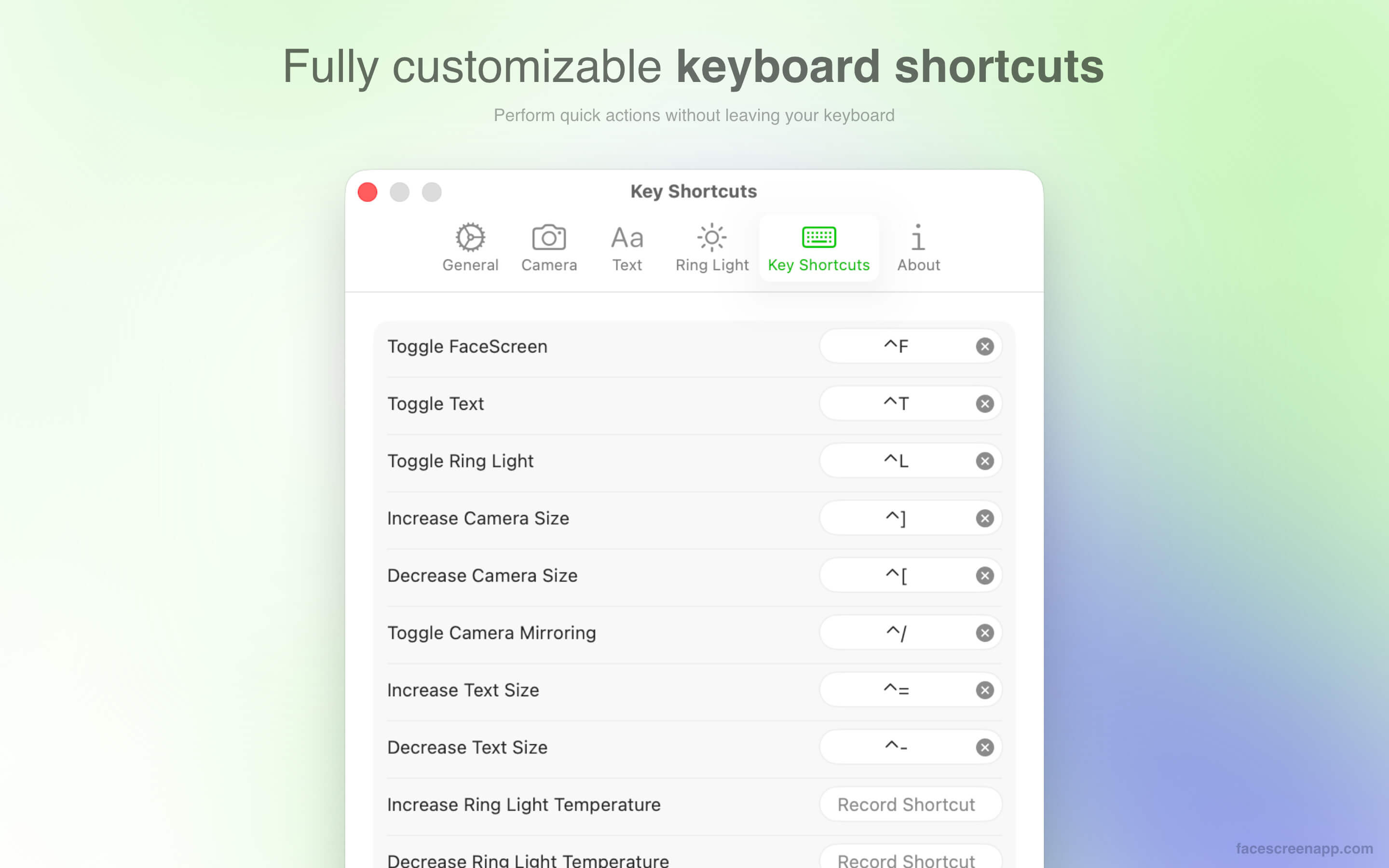 Keyboard shortcut settings in FaceScreen