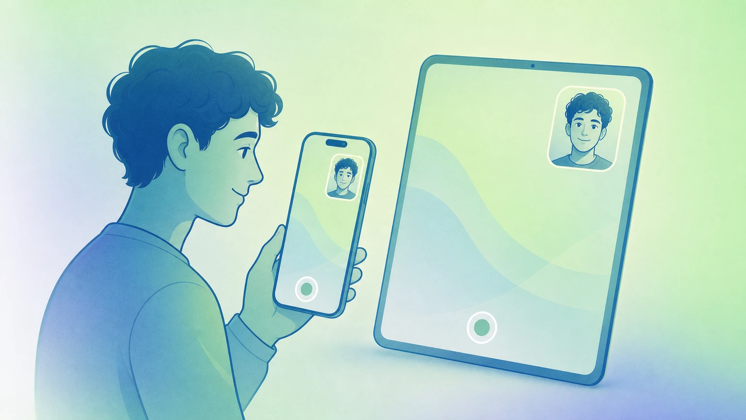 Illustration of FaceScreen launching on iPhone and iPad with live camera overlays