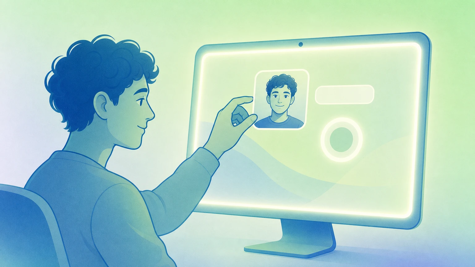 Illustration of setting up FaceScreen camera overlay, text label, and ring light on Mac