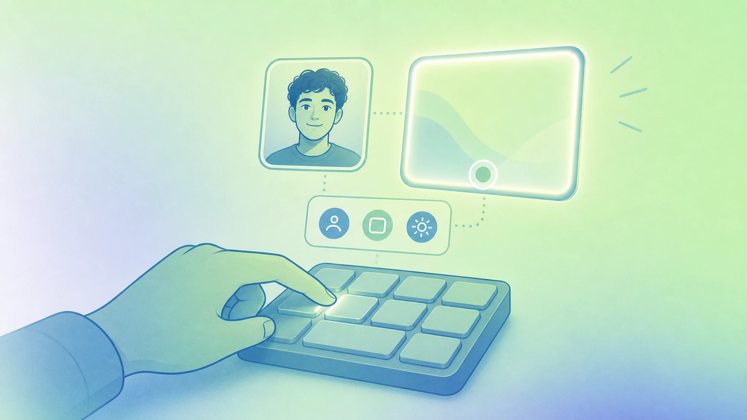 Illustration of keyboard shortcuts controlling FaceScreen camera, text, and ring light