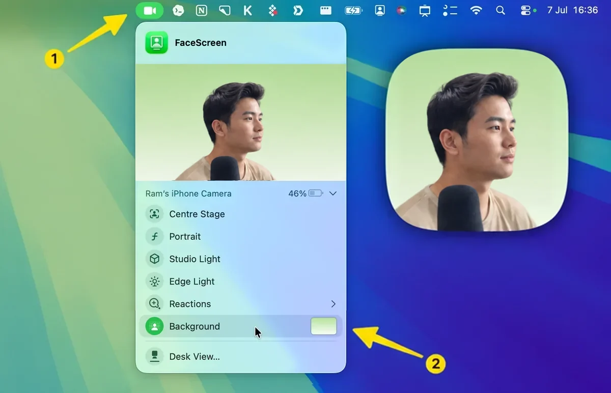 macOS video menu showing the Background option for FaceScreen